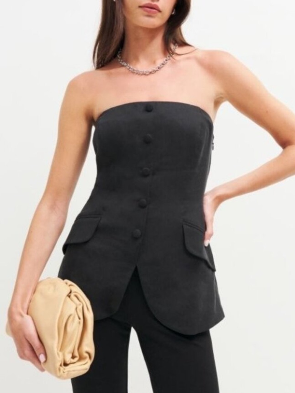Reformation Tonya Strapless Black Button Front Bustier Top